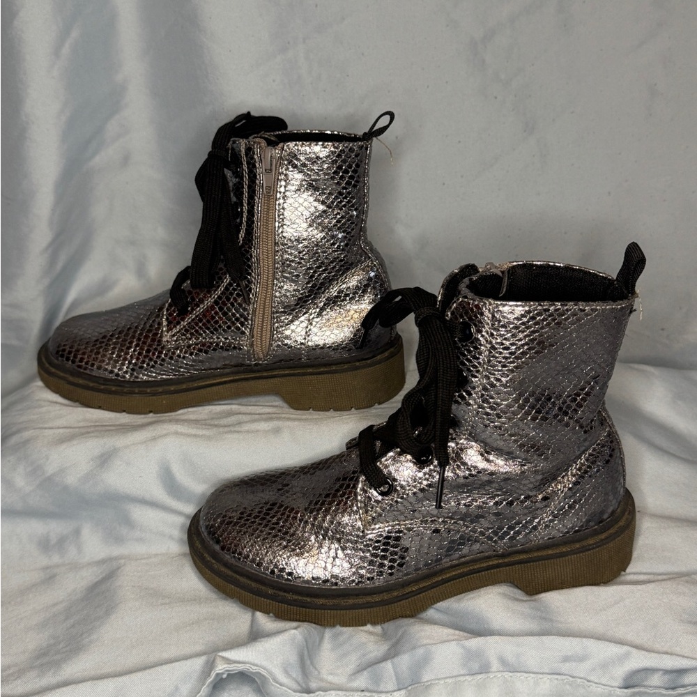 Snake-Print Metallic Combat Boots – Girls 12 - Picture 3 of 8